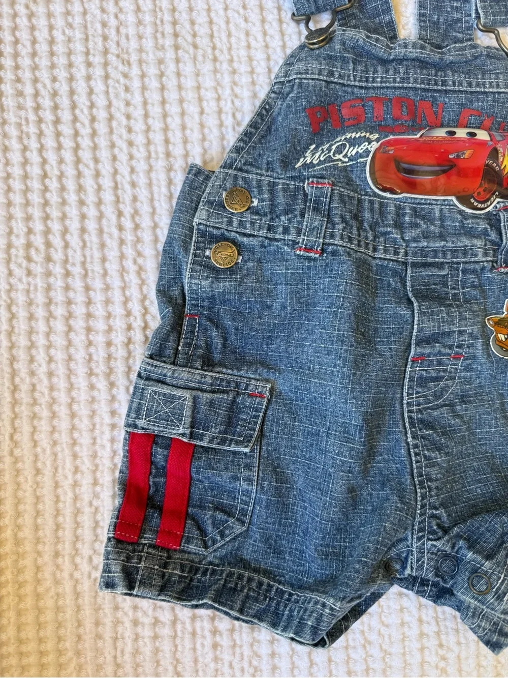 Disney Denim Short Overalls in Blue with Red Trim and Cars Graphics